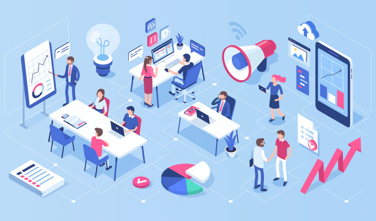 People in open space office concept design. Can use for web banner, infographics, hero images. Flat isometric vector illustration isolated on white background.